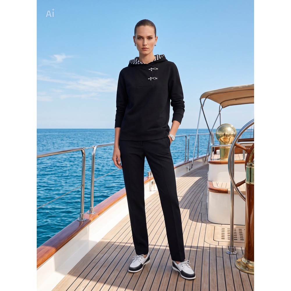 Ralph Lauren Black Cotton Striped Hoodie Lobster Claw Clasp Nautical Sweatshirt